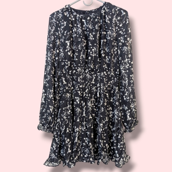 Lulu's Navy Blue Floral Chiffon Smocked Ruffle Too Cute Long Sleeve Mini Dress - Picture 2 of 16